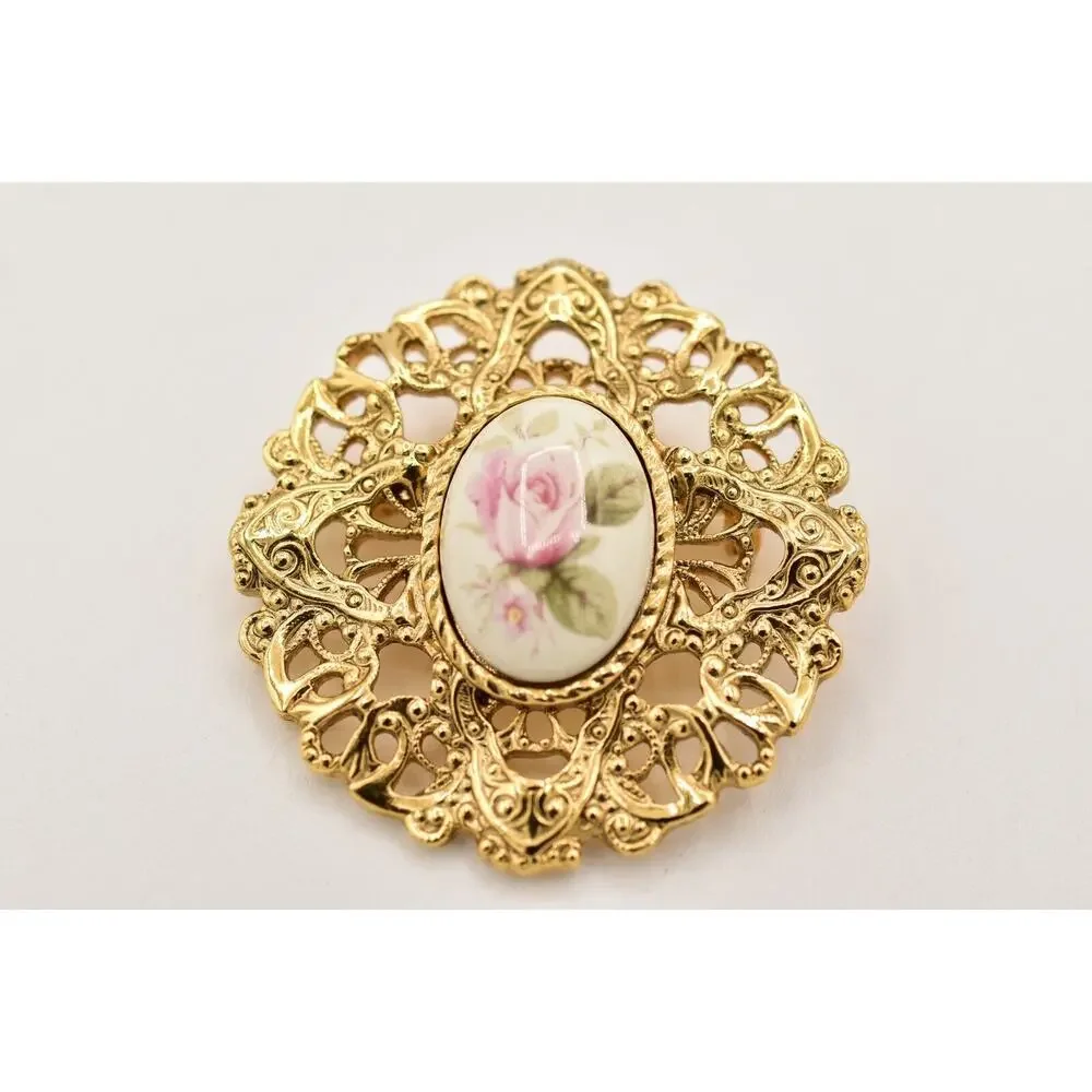 1928 Vintage Brooch Pin Rose Painted Cabochon Antiqued Gold Filigree 1980s BinBG